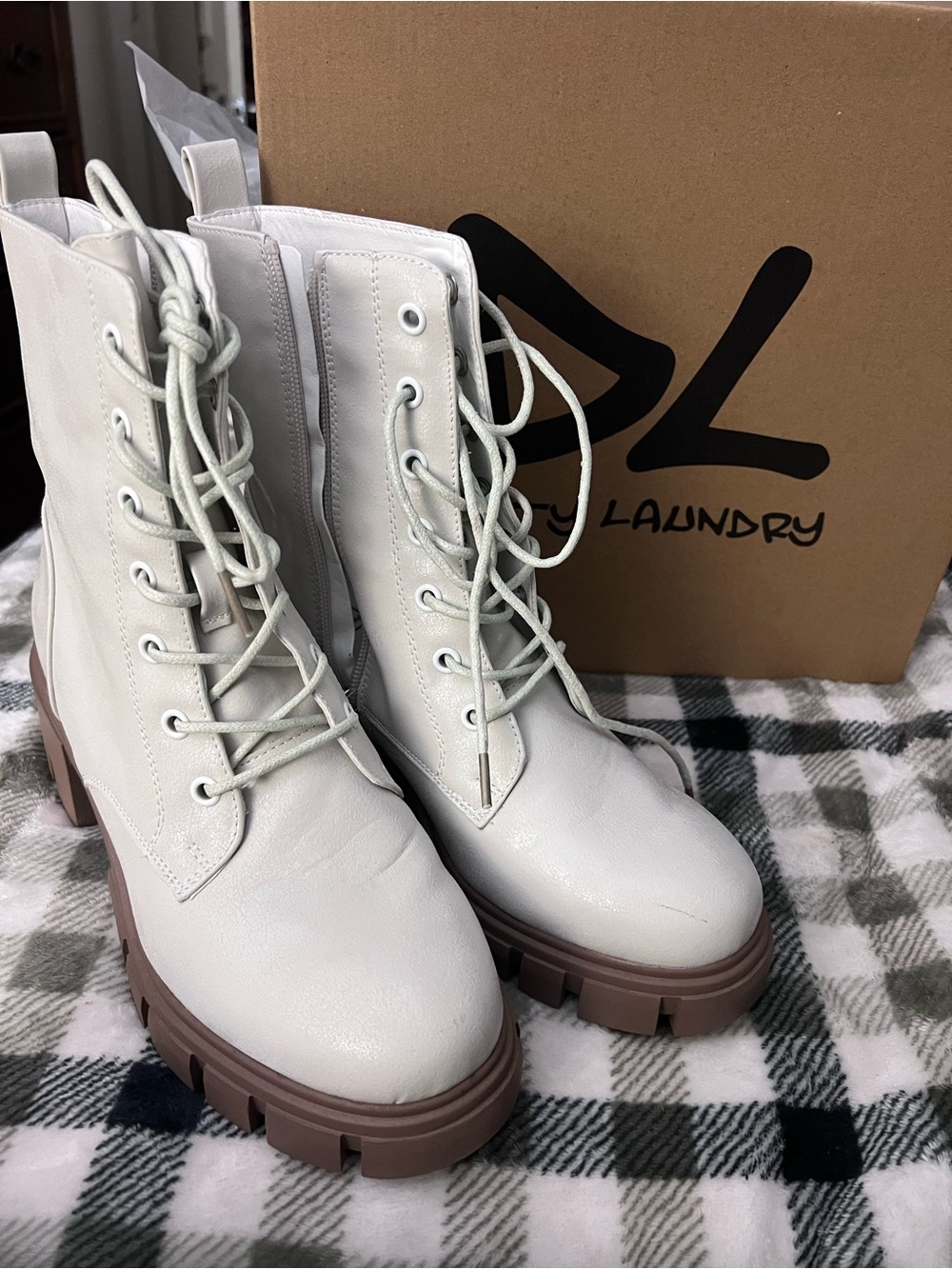Dirty Laundry White Lace-Up Combat Boots with Brown Lug Sole